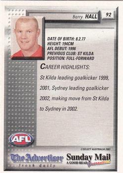 2003 Select The Advertiser-Sunday Mail AFL #92 Barry Hall Back